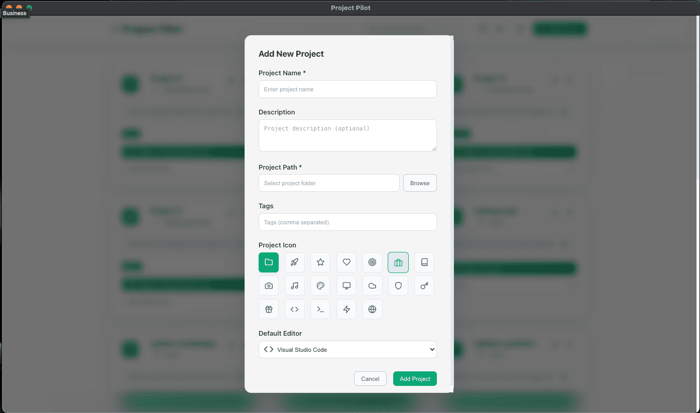 Add project form in Project Pilot